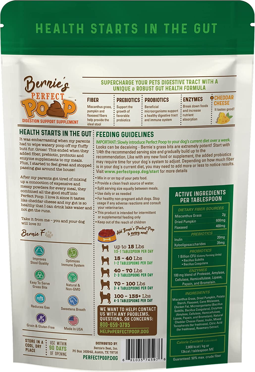 Bernie's Perfect Poop (4.2oz Cheddar) Ultimate Digestive Health Supplement for Dogs. 4-in-1 Formula: Prebiotics, Probiotics, Fiber & Enzymes. Improve Gas, Stool Quality, Breath, Health & Immunity