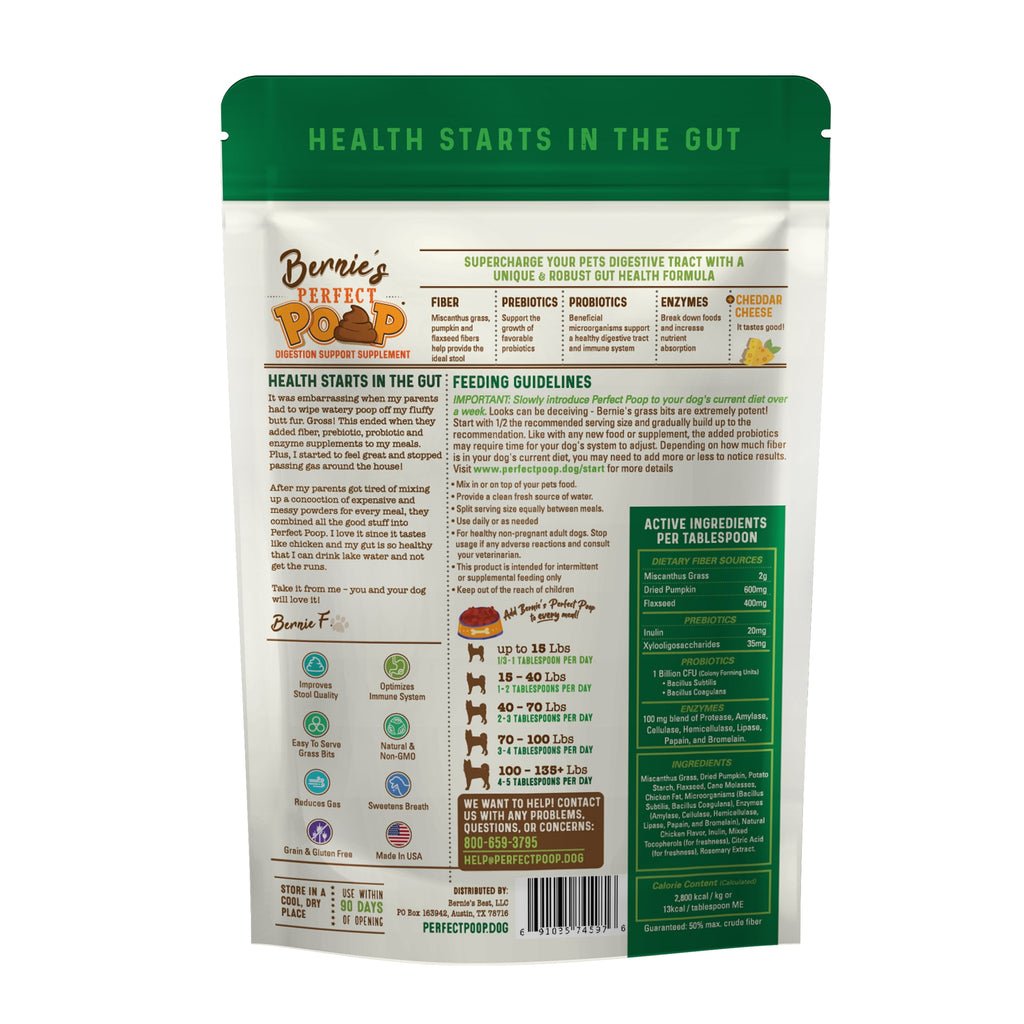 Bernie's Perfect Poop (4.2oz Cheddar) Ultimate Digestive Health Supplement for Dogs. 4-in-1 Formula: Prebiotics, Probiotics, Fiber & Enzymes. Improve Gas, Stool Quality, Breath, Health & Immunity