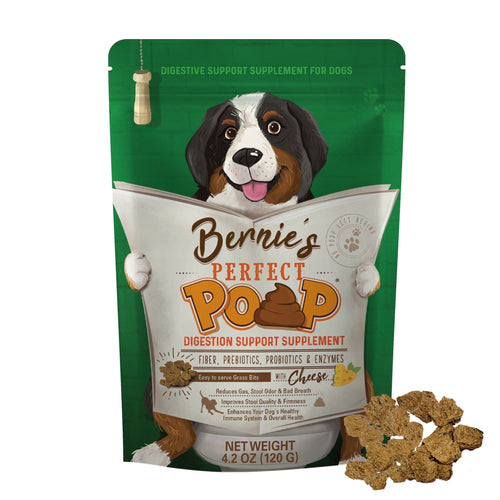 Bernie's Perfect Poop (4.2oz Cheddar) Ultimate Digestive Health Supplement for Dogs. 4-in-1 Formula: Prebiotics, Probiotics, Fiber & Enzymes. Improve Gas, Stool Quality, Breath, Health & Immunity