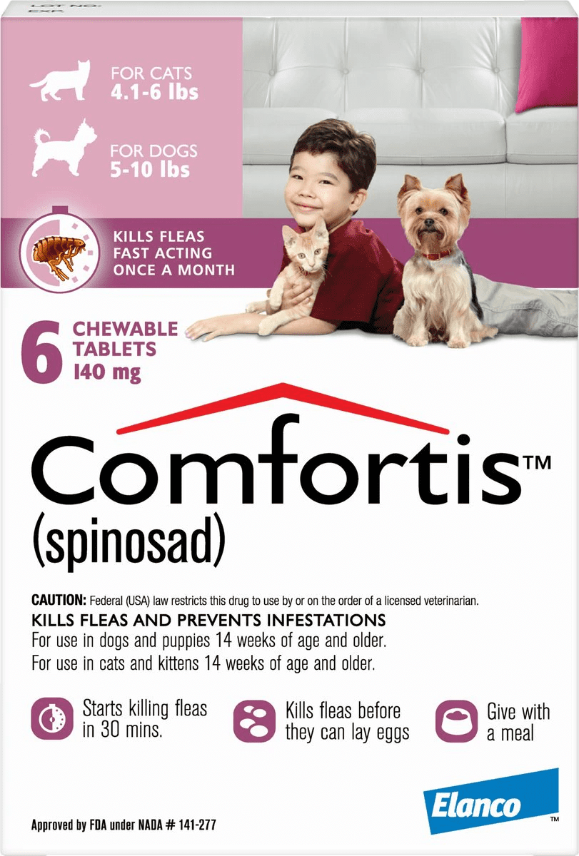 Comfortis Chewable Tablet for Dogs, 5-10 lbs & Cats 4.1-6 lbs, (Pink Box)
