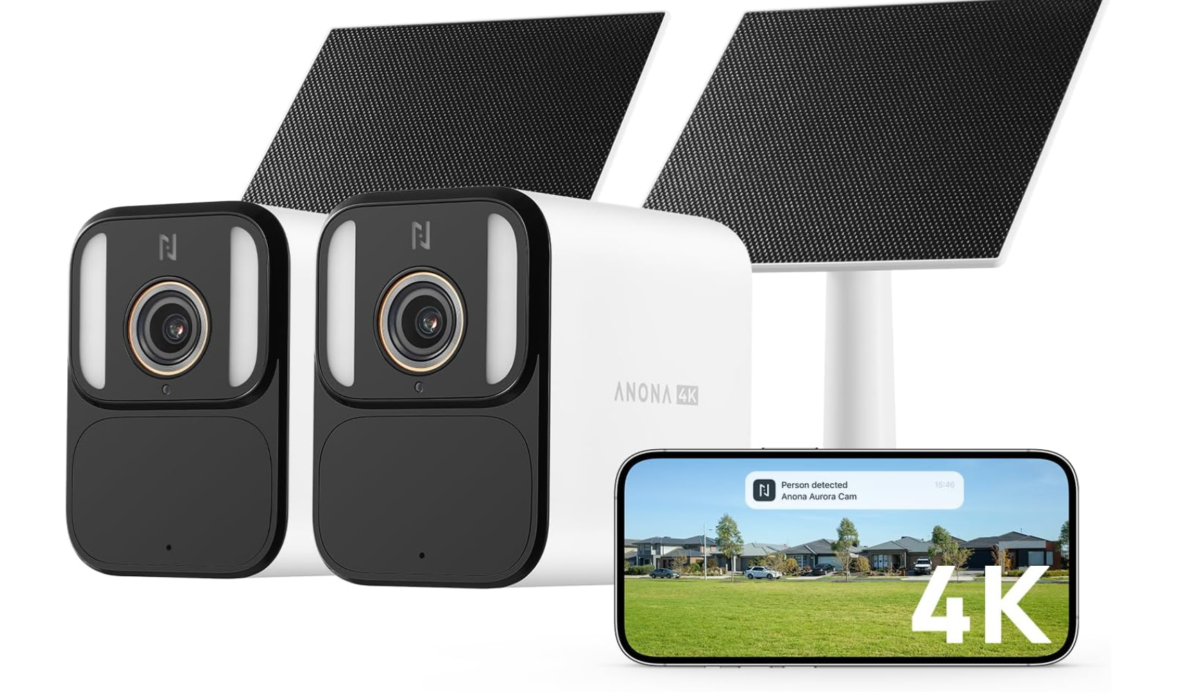 4K Solar Security Cameras Wireless Outdoor, Forever Power with Solar Panel, 8MP Color Night Vision, 24/7 AOV Recording, No Monthly Fees, AI Detection, Easy Setup, 2.4 G WiFi, IP67, 2 Pack